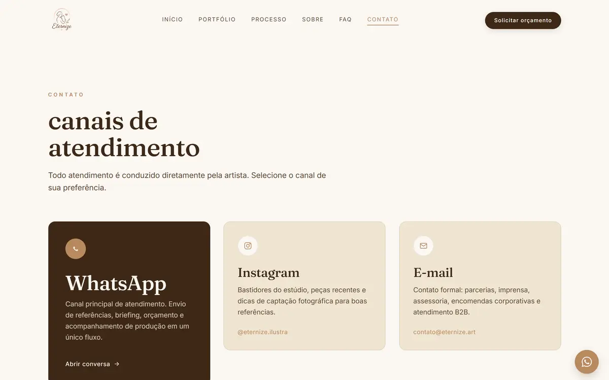 Página de contato com o título "canais de atendimento" e três cartões lado a lado para WhatsApp, Instagram e e-mail, cada um com ícone, descrição e link de ação. Abaixo, uma nota com o horário de atendimento e o rodapé escuro com navegação e canais.