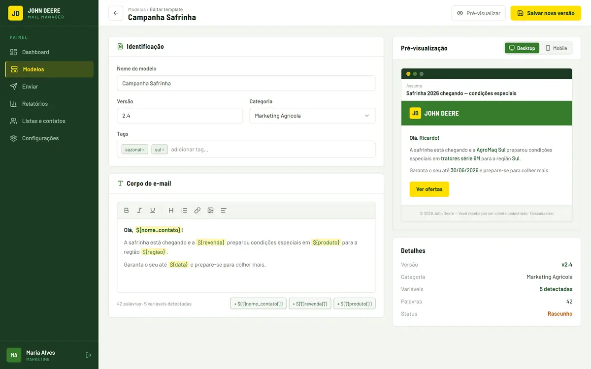 Tela do editor de e-mail, com campos de identificação (nome do modelo, versão, categoria e tags), corpo do e-mail com barra de formatação e variáveis dinâmicas destacadas, ao lado de um painel de pré-visualização ao vivo com alternância entre desktop e mobile e um bloco de detalhes da versão.