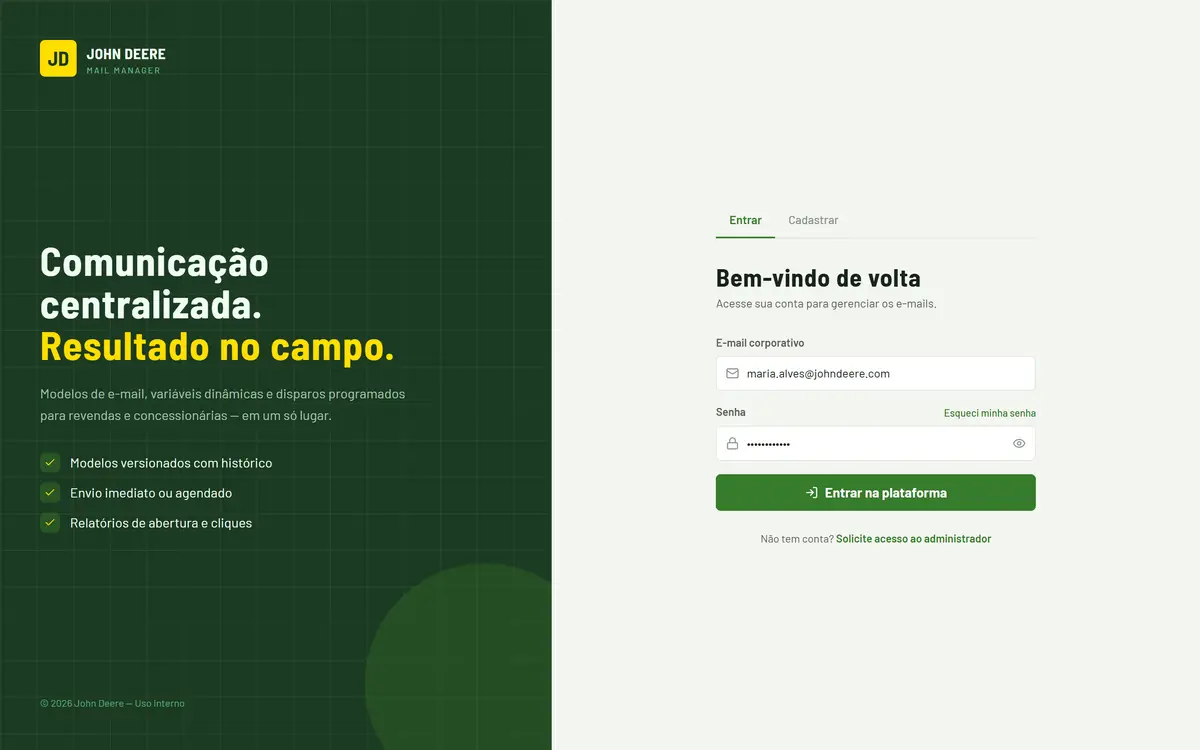 Tela de login dividida em duas colunas: à esquerda, painel verde com a marca, slogan e destaques do produto; à direita, abas Entrar e Cadastrar com formulário de e-mail corporativo e senha, link de recuperação de senha e botão de acesso à plataforma.