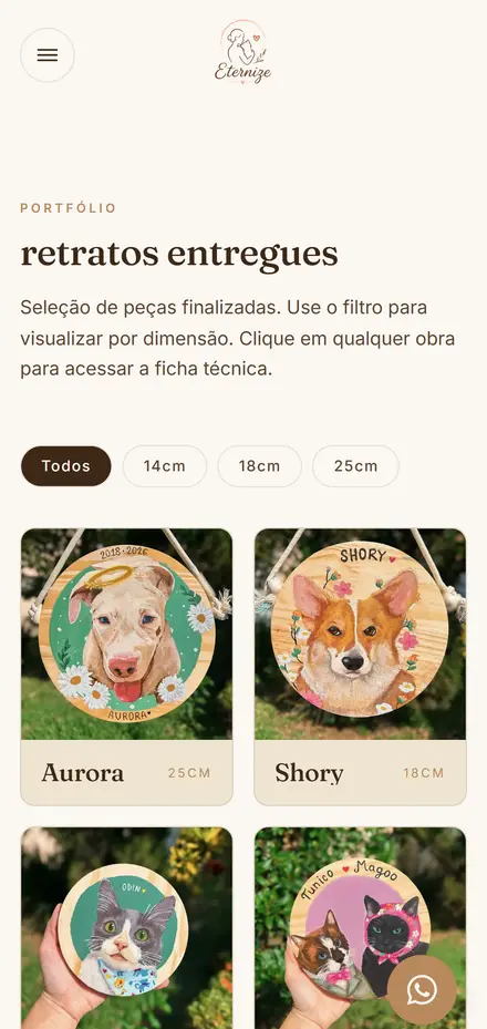 Versão mobile da página de portfólio: cabeçalho "retratos entregues" com filtro por tamanho e a grade de retratos de pets em coluna única (Aurora, Shory, Odin, Tunico), seguida do bloco "Encomende a sua" com botão de solicitar orçamento e o rodapé da loja.